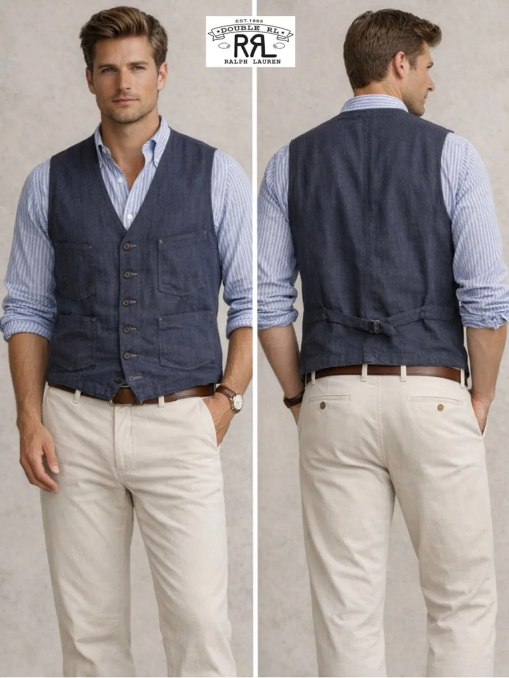 RRL Double RL Ralph Lauren Indigo Twill Vest XL NWT Wool Linen Cotton Cinch Back